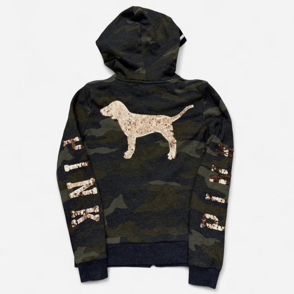 Y2K Victoria's Secret PINK bling hoodie Camo Sequin Zip Up gold sequin Size XS - Picture 2 of 6